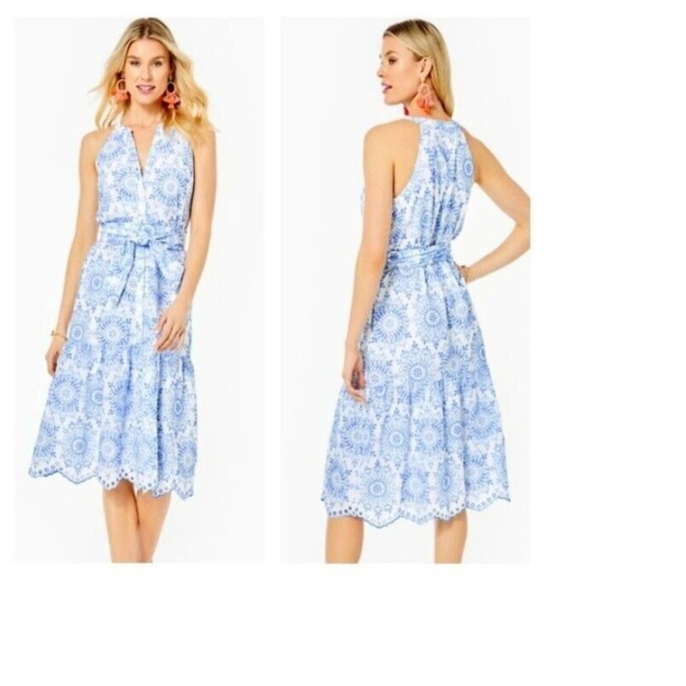 Lilly Pulitzer Kiri MIDI Dress blue & white eyelet Size Large